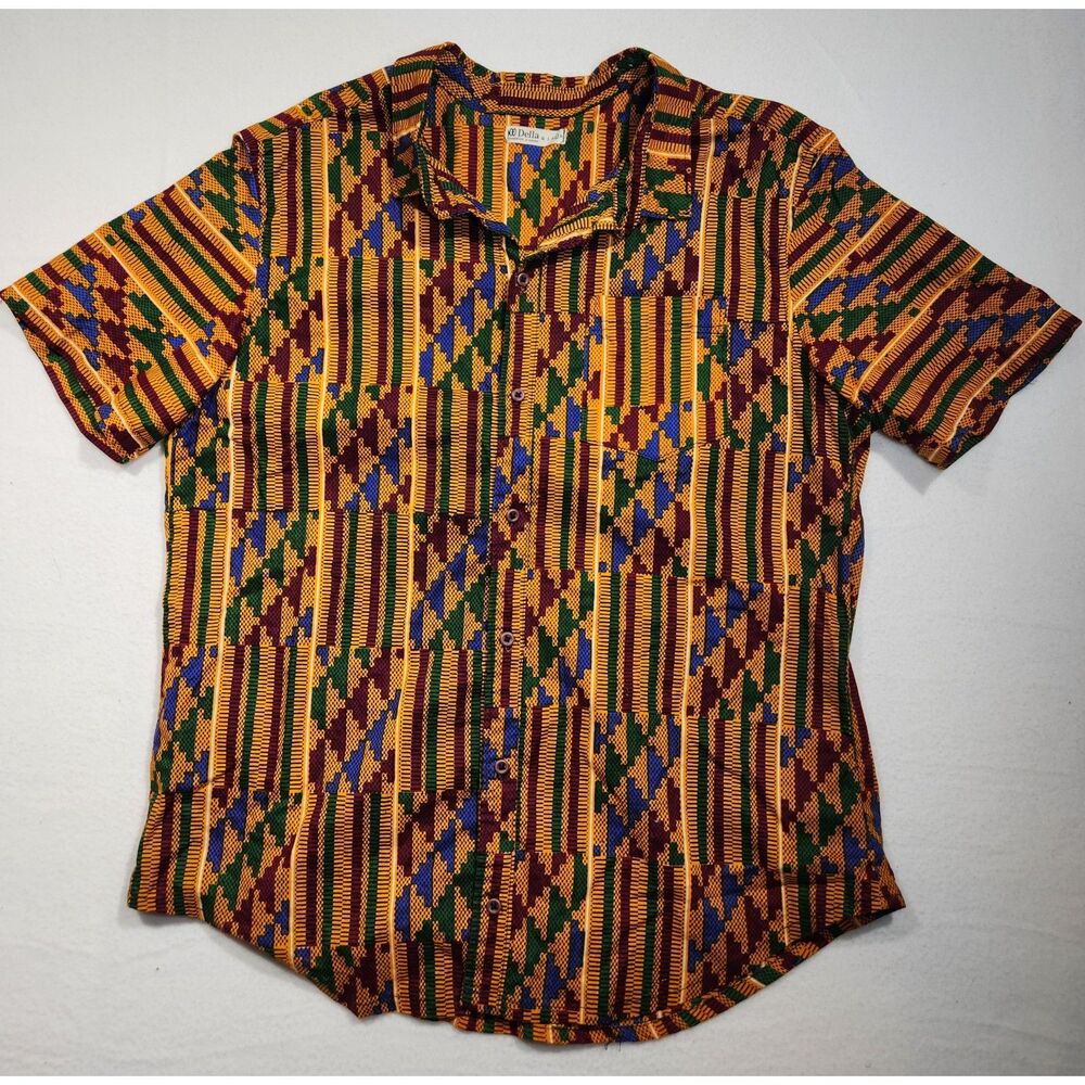 African Print Shirt Geometric Bold Kente Style Handmade Ghana Button Up Large